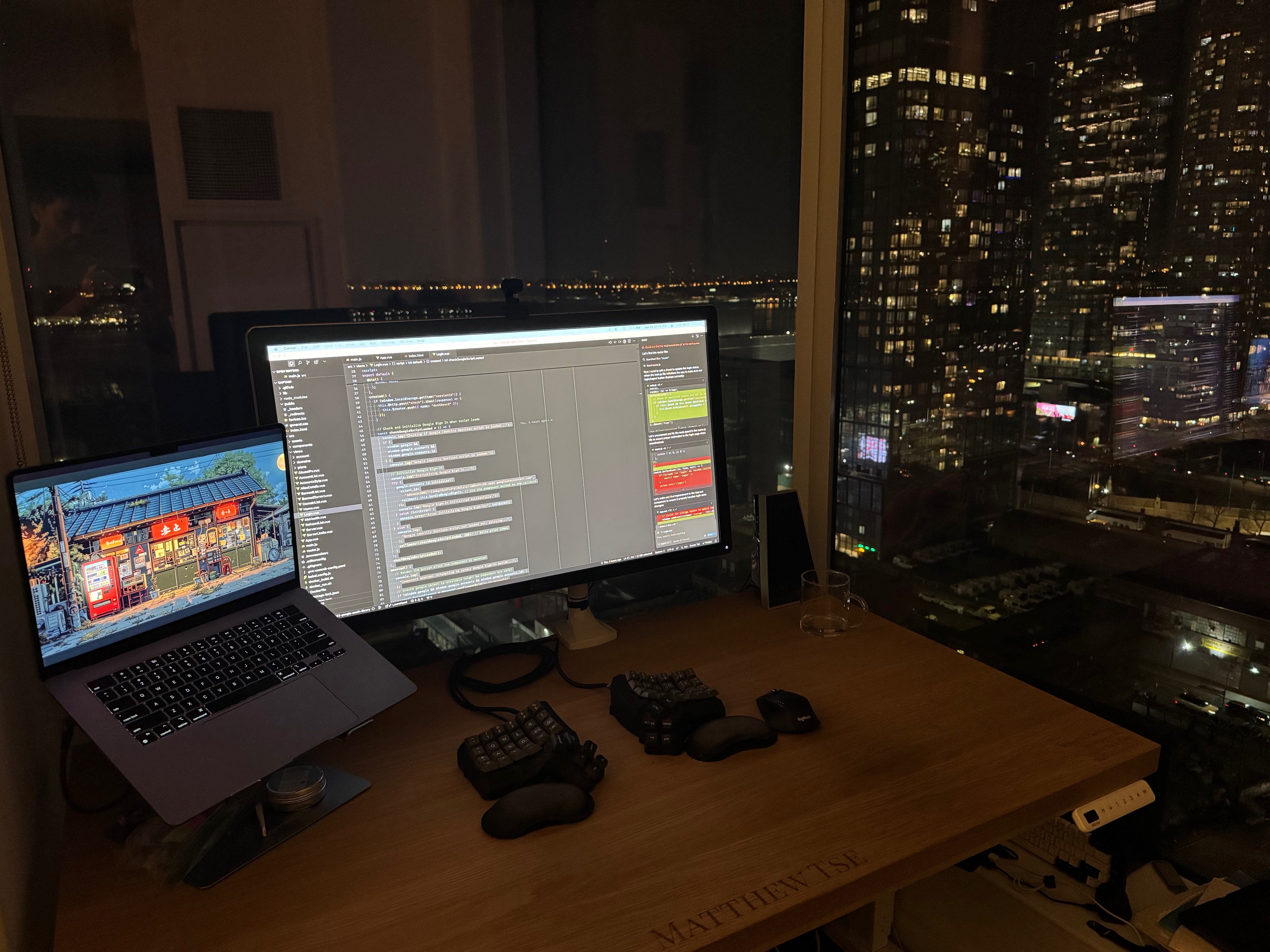 The finished Dactyl Manuform on my desk at night