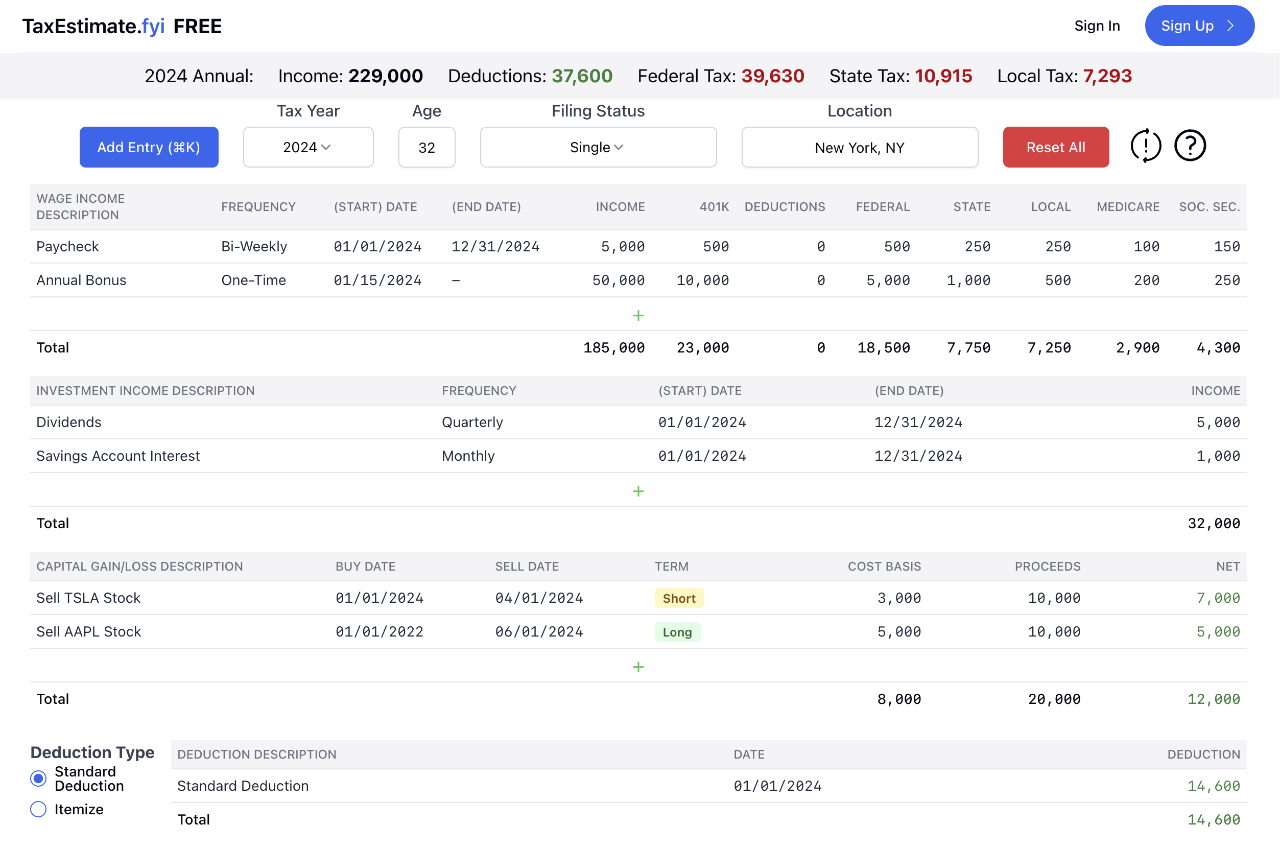 The TaxEstimate.fyi web app, showing income sources and cumulative tax calculations